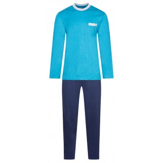 Pyjama long Eminence en coton : tee-shirt manches longues col rond bleu turquoise et pantalon bleu marine