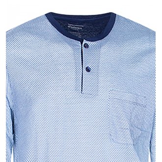 Pyjama long Eminence en coton : tee-shirt manches longues blanc à micro motifs bleus et pantalon bleu marine