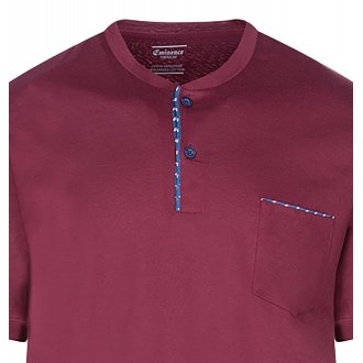 Pyjama court Eminence en coton : tee-shirt col boutonné rouge bordeaux et short bleu indigo à micro motifs