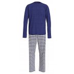Pyjama long Tommy Hilfiger en coton : tee-shirt manches longues bleu marine et pantalon blanc à carreaux bleu marine