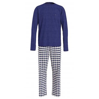 Pyjama long Tommy Hilfiger en coton : tee-shirt manches longues bleu marine et pantalon blanc à carreaux bleu marine