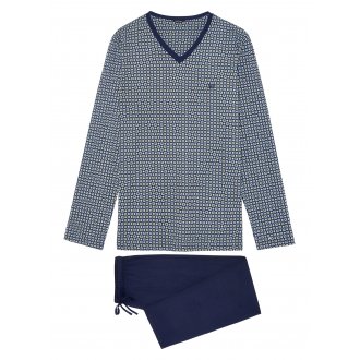 Pyjama long Hom Lices en coton bleu marine : tee-shirt manches longues à motifs blancs et pantalon
