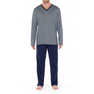 Pyjama long Hom Lices en coton bleu marine : tee-shirt manches longues à motifs blancs et pantalon