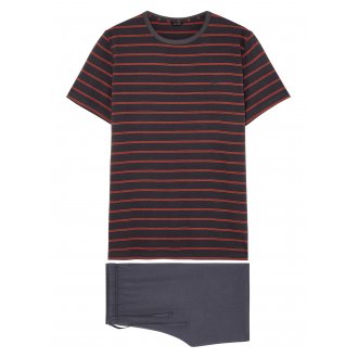 Pyjama court Hom Croisette en coton : tee-shirt noir à rayures orange et pantalon gris anthracite