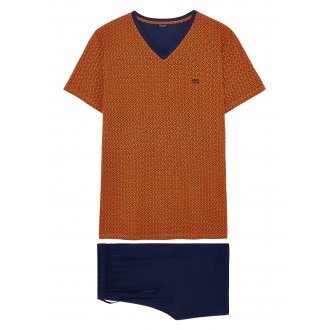 Pyjama court Hom Nikki en coton : tee-shirt col V orange à motifs et short bleu marine