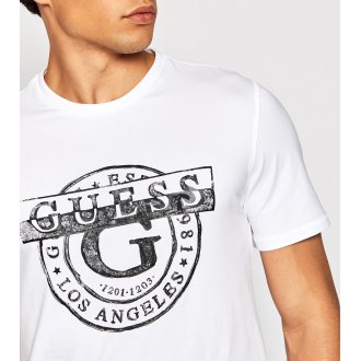 Tee-shirt col rond Guess en coton biologique stretch blanc floqué