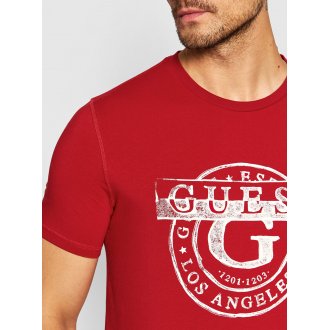 Tee-shirt col rond Guess en coton biologique stretch rouge floqué