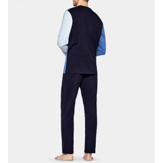 Pyjama long Eden Park en coton : tee-shirt manches longues bleu marine, gris chiné et bleu denim et pantalon bleu marine