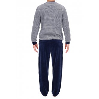 Pyjama long Hom en coton : pull col rond blanc et bleu marine et pantalon bleu marine