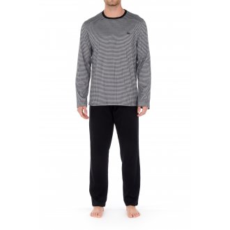 Pyjama long Hom Canoubiers en coton : tee-shirt manches longues blanc et noir et pantalon noir