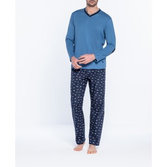 Pyjama long Guasch en coton : tee-shirt manches longues bleu indigo et pantalon bleu marine à motifs