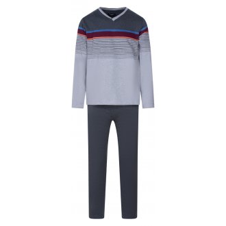 Pyjama long Guasch en coton : tee-shirt manches longues gris rayé et pantalon gris anthracite