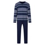 Pyjama long Guasch en coton : tee-shirt manches longues bleu marine rayé et pantalon bleu marine
