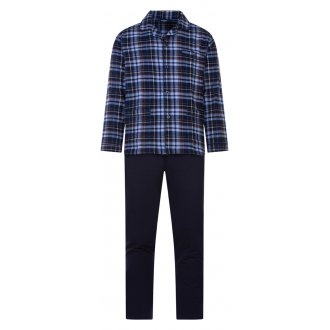 Pyjama long Guasch en coton : chemise bleu marine à carreaux et pantalon bleu marine
