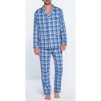 Pyjama long Guasch en coton : chemise et pantalon bleu indigo à carreaux blancs all-over