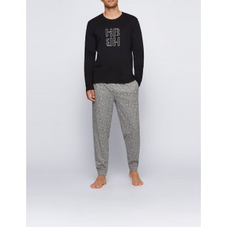 Pyjama long Hugo Boss en coton : tee-shirt col rond bleu marine floqué et pantalon gris à motifs