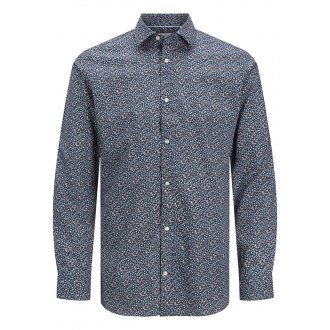 Chemise coupe slim à col italien Premium en coton bleu marine fantaisie