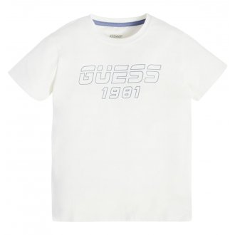 T-shirt à long bleu et col rond Guess Junior en coton blanc