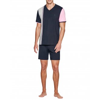 Pyjama court Eden Park coton marine avec manches courtes et col v petit logo brodé