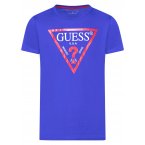 Tee-shirt col rond Guess en coton stretch bleu électrique floqué