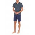 Pyjama court Hom en coton : tee-shirt col V bleu marine à motifs all-over et short bleu marine