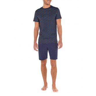 Pyjama court Hom en coton : tee-shirt col rond manches courtes marine à motifs et short marine