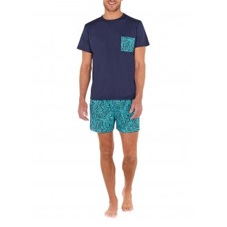 Pyjama court Hom en coton : tee-shirt col rond bleu marine et short turquoise à motifs
