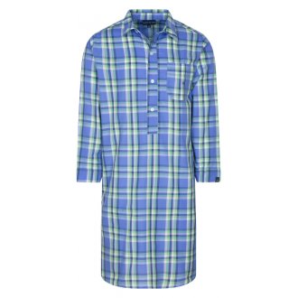 Chemise de nuit col français Arthur en coton bleu à carreaux