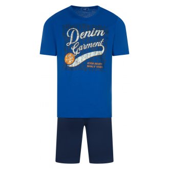 Pyjama court Athena en coton : tee-shirt col V bleu floqué et short bleu marine