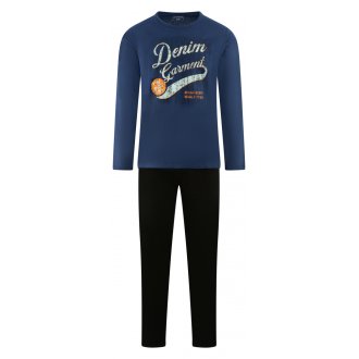 Pyjama long Athena en coton : tee-shirt manches longues col rond bleu floqué et pantalon bleu marine