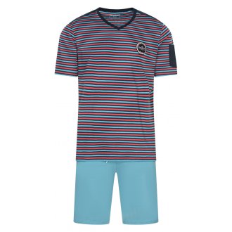 Pyjama court Athena en coton : tee-shirt col V manches courtes rayé bleu clair, rouge et bleu marine et short bleu marine