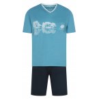 Pyjama court Athena en coton biologique : tee-shirt col V manches courtes bleu floqué et short bleu marine