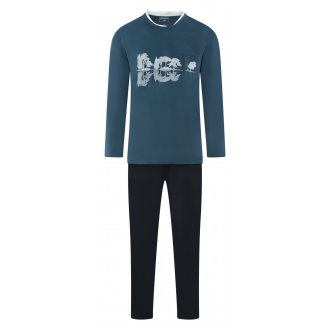 Pyjama long Athena en coton biologique : tee-shirt col rond manches longue bleu canard floqué et pantalon bleu marine