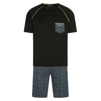 Pyjama court Athena en coton : tee-shirt col rond manches courtes noir et short bleu marine à motifs