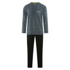 Pyjama long Athena en coton : tee-shirt manches longues col rond bleu marine à motifs et pantalon noir