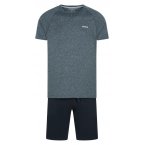 Pyjama court Athena en coton stretch : tee-shirt col rond manches courtes bleu chiné et short bleu marine