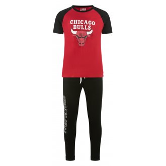 Pyjama Athena en coton : tee-shirt col rond manches courtes rouge et noir floqué et pantalon noir