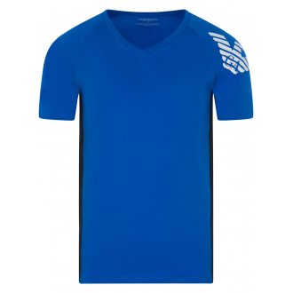 T-shirt bleu électrique uni en coton à col v et manches courtes avec logo sur epaule