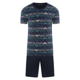 Pyjama court col rond mnches courtes Emporio Armani en coton bleu marine