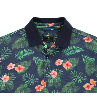 Polo manches courtes Nza en coton bleu marine chiné à motifs fleurs et feuilles rose et vertes