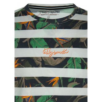 Tee-shirt col rond Teddy Smith en coton à motifs feuilles multicolores et rayures blanches