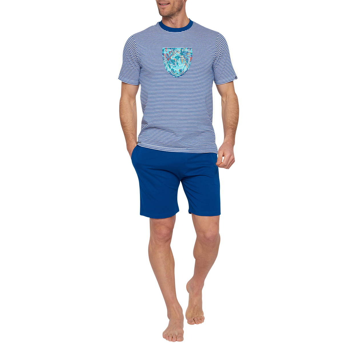 Pyjama court Mariner en coton biologique : tee-shirt col rond à rayures bleu saphir et blanches et s