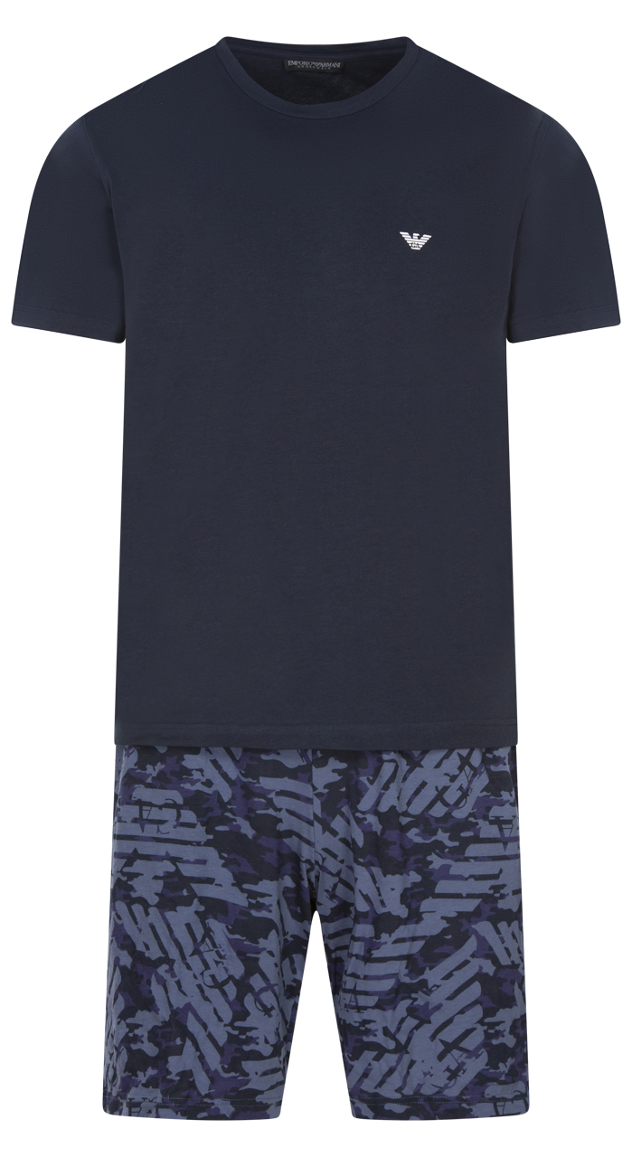 Pyjama court Emporio Armani en coton stretch : tee-shirt col rond bleu marine et short bleu marine à