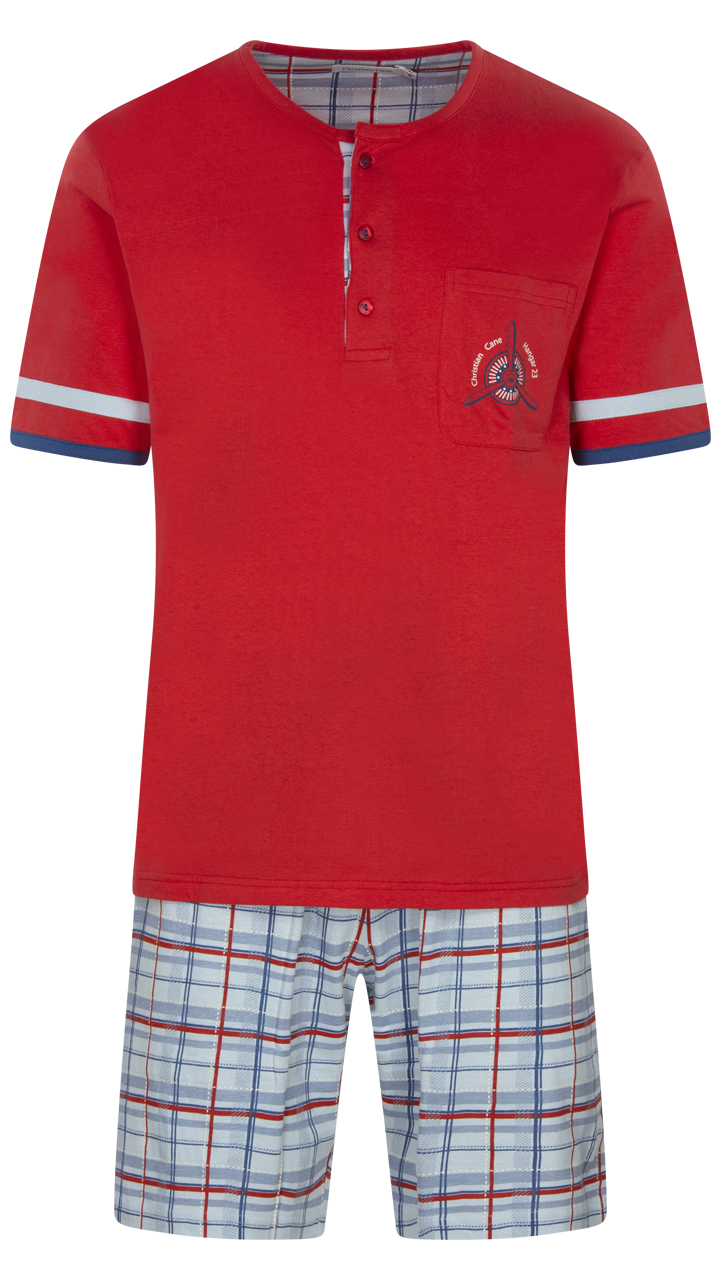 pyjama court christian cane nelio en coton : tee-shirt rouge à col rond et manches courtes et pantalon à carreaux bleus et rouges