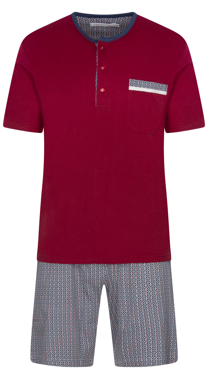 pyjama court christian cane nael en coton rouge : tee-shirt rouge à col rond et manches courtes et short imprimé