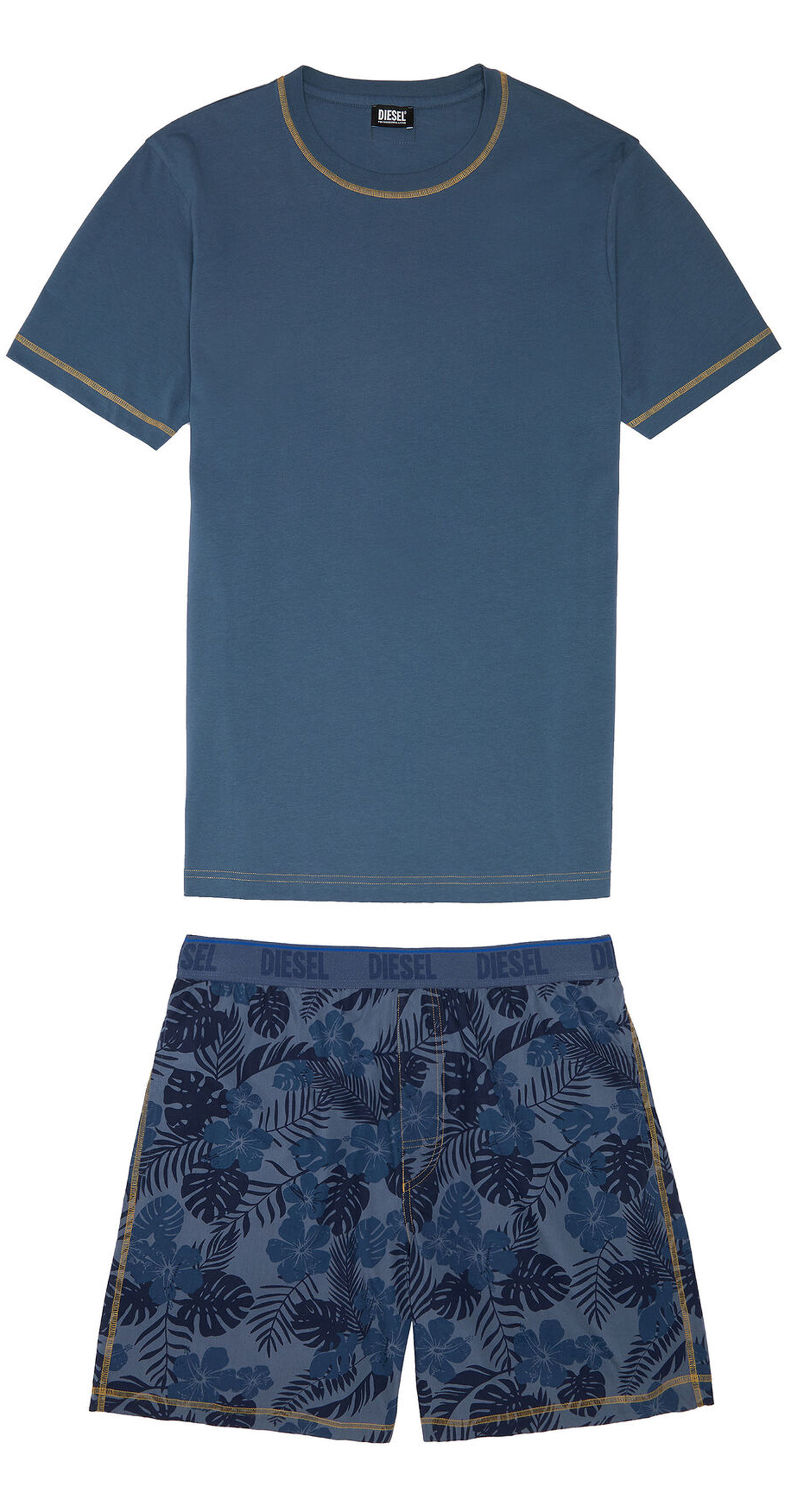 Pyjama court Diesel en coton bleu : tee-shirt manches courtes col rond bleu et short à motifs fleurs