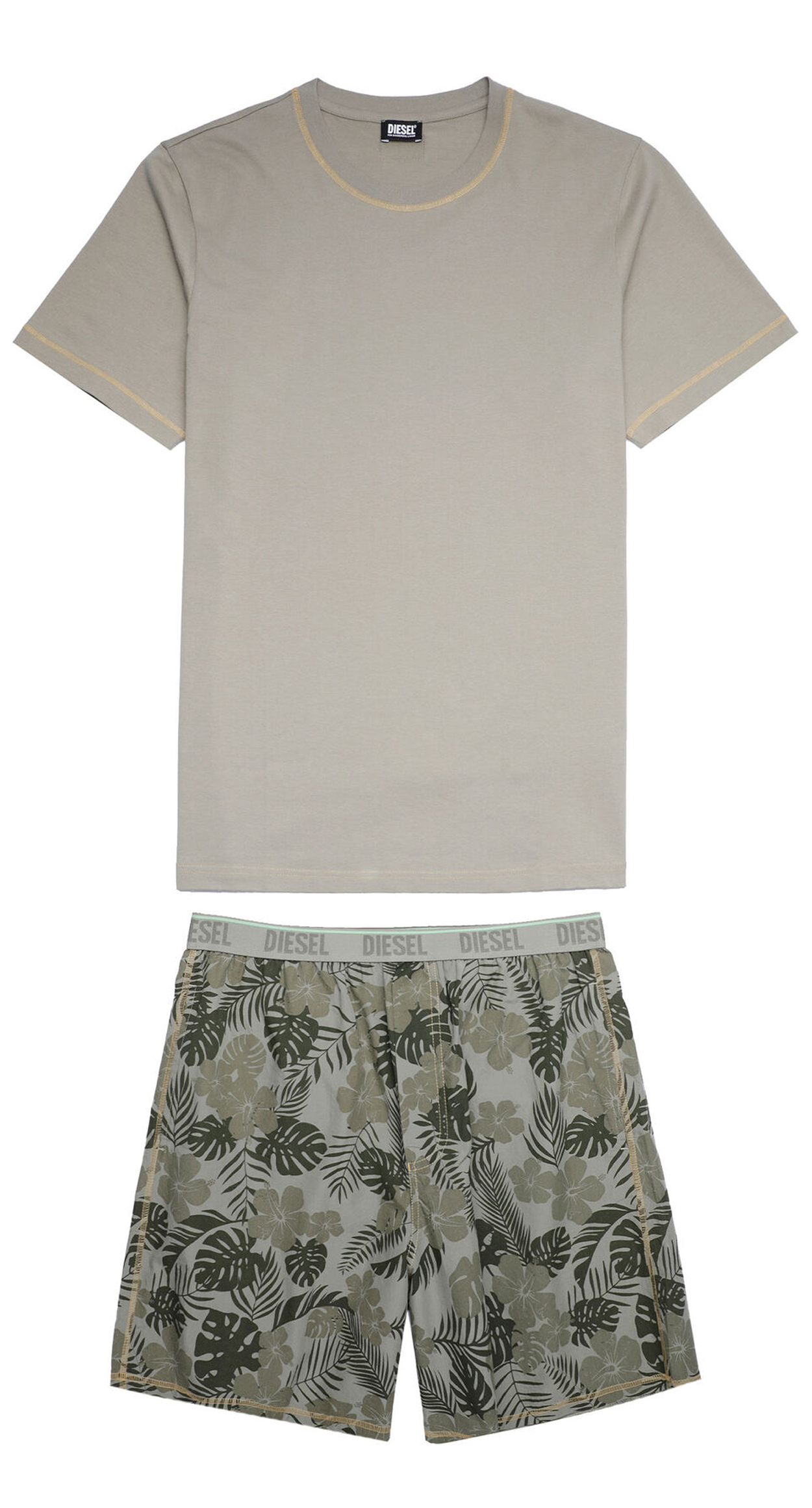 Pyjama court Diesel en coton kaki : tee-shirt manches courtes col rond kaki et short à motifs fleurs
