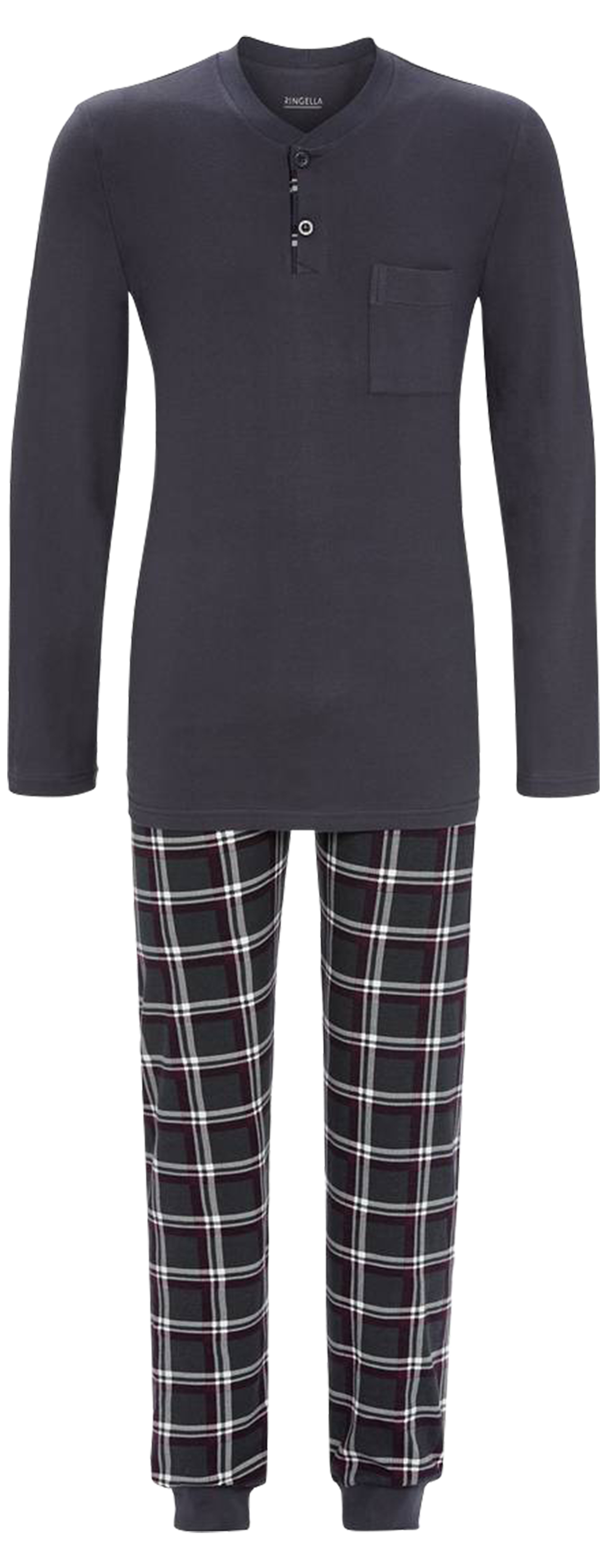 Pyjama long Ringella en coton : tee-shirt manches longues et col tunisien anthracite et pantalon à c