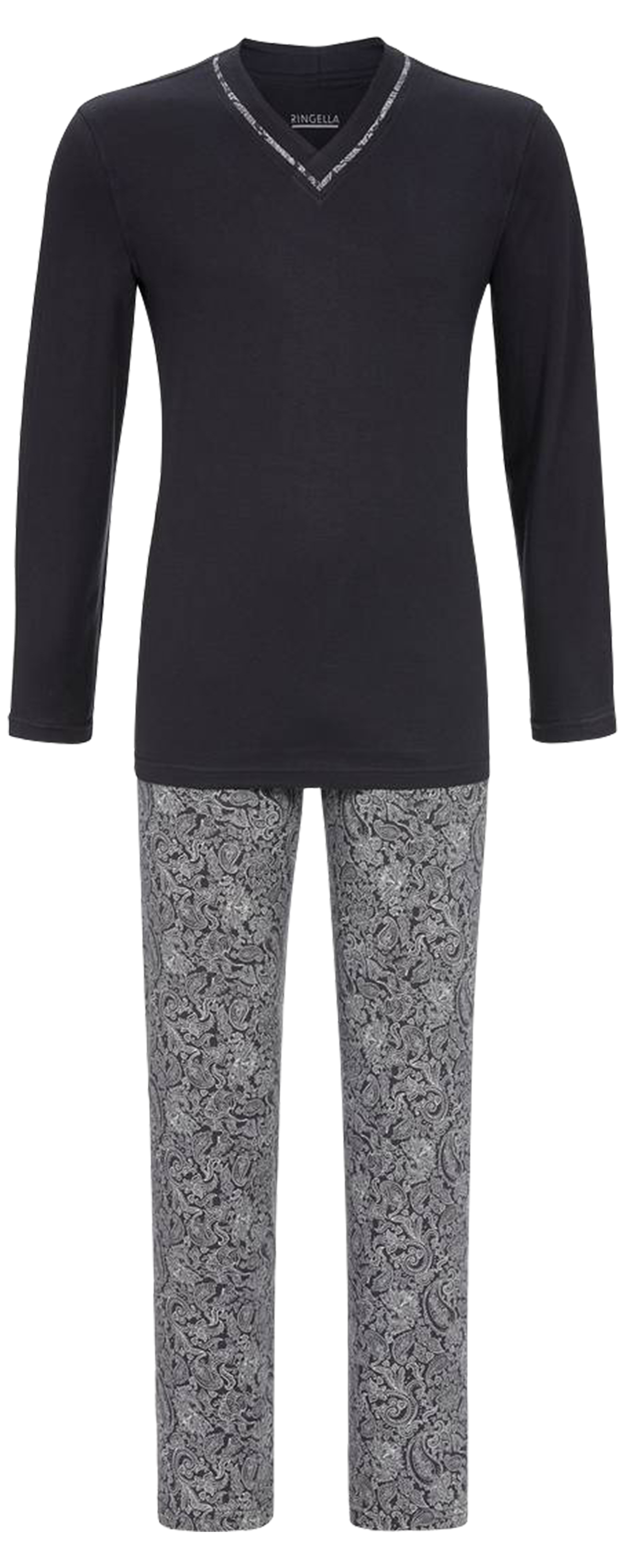 Pyjama long Ringella en coton : tee-shirt manches longues et col v anthracite et pantalon à motif pa