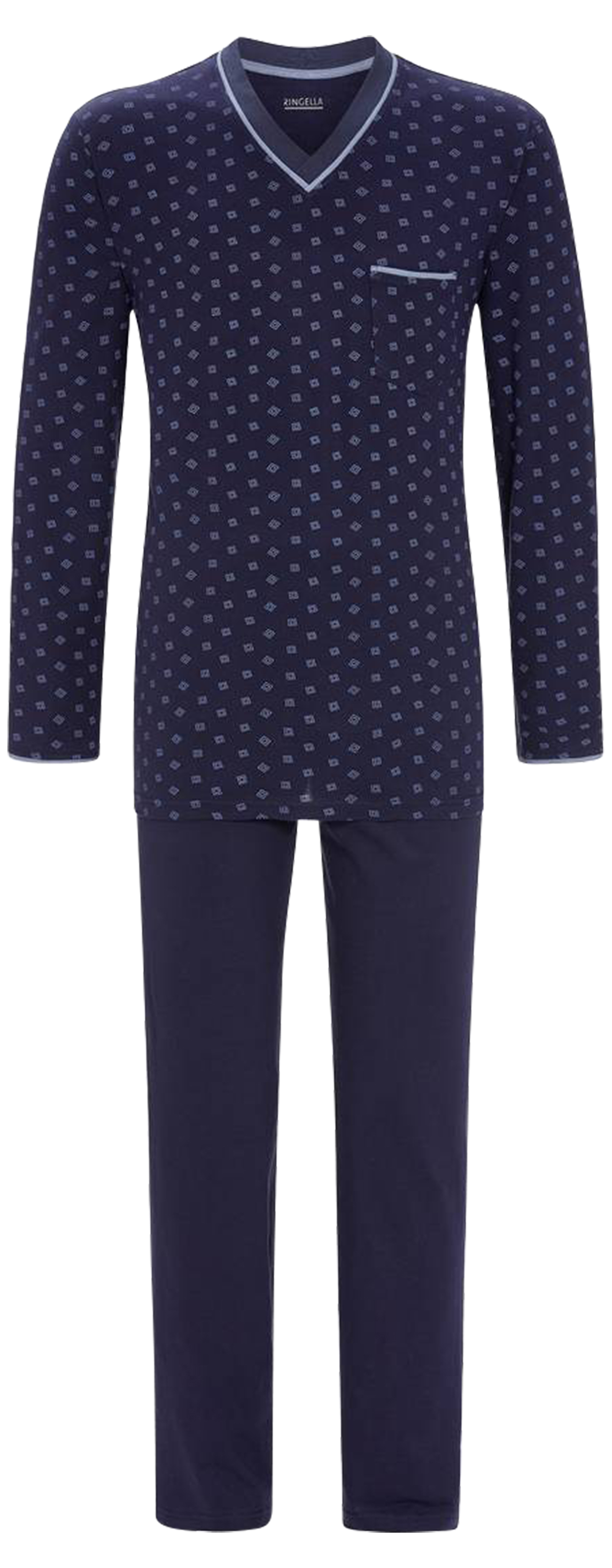 Pyjama long Ringella en coton : tee-shirt manches longues et col v bleu marine à motif géométrique